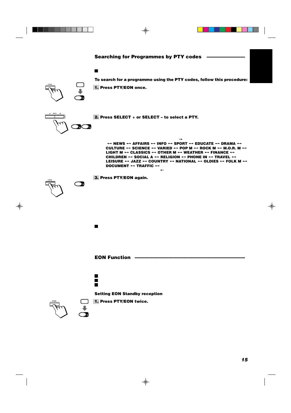 15 english searching for programmes by pty codes, Eon function | JVC CA-D432TR User Manual | Page 19 / 43