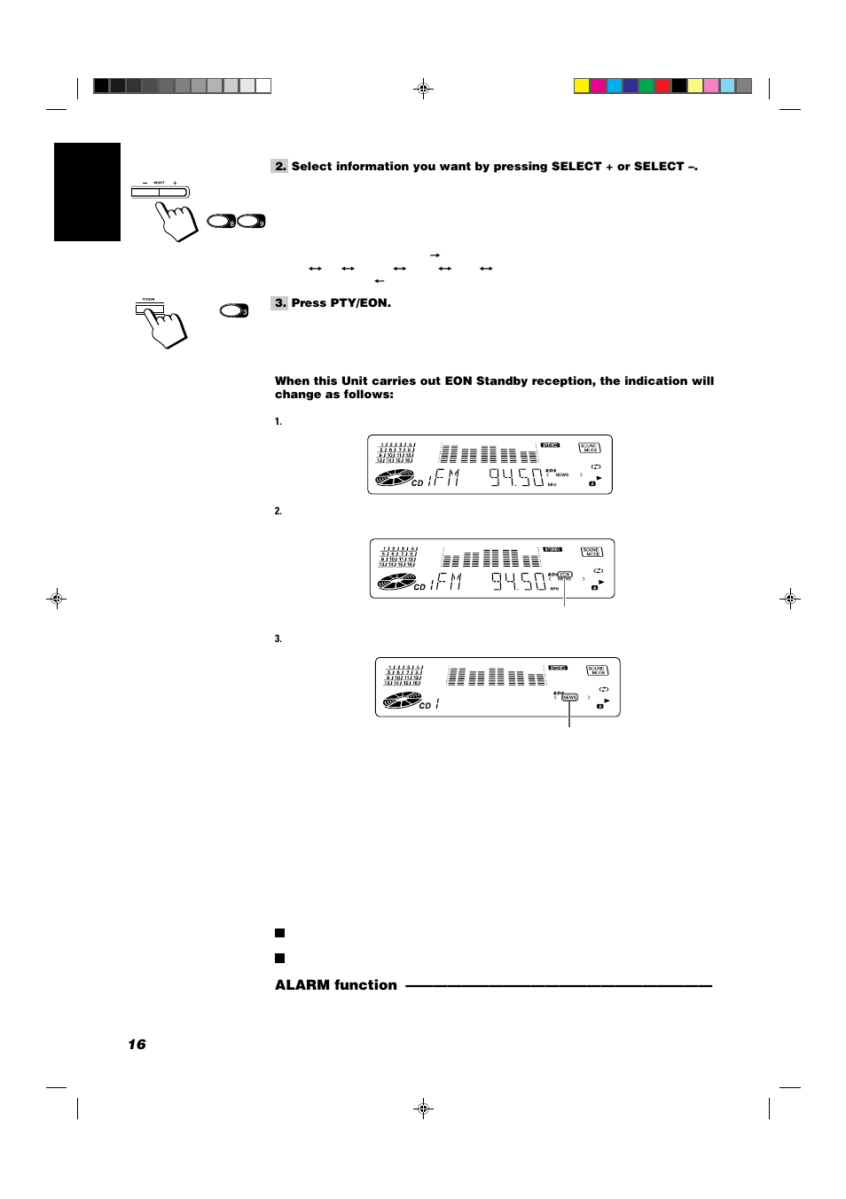 Station name), 16 english, Alarm function | JVC CA-D432TR User Manual | Page 20 / 43