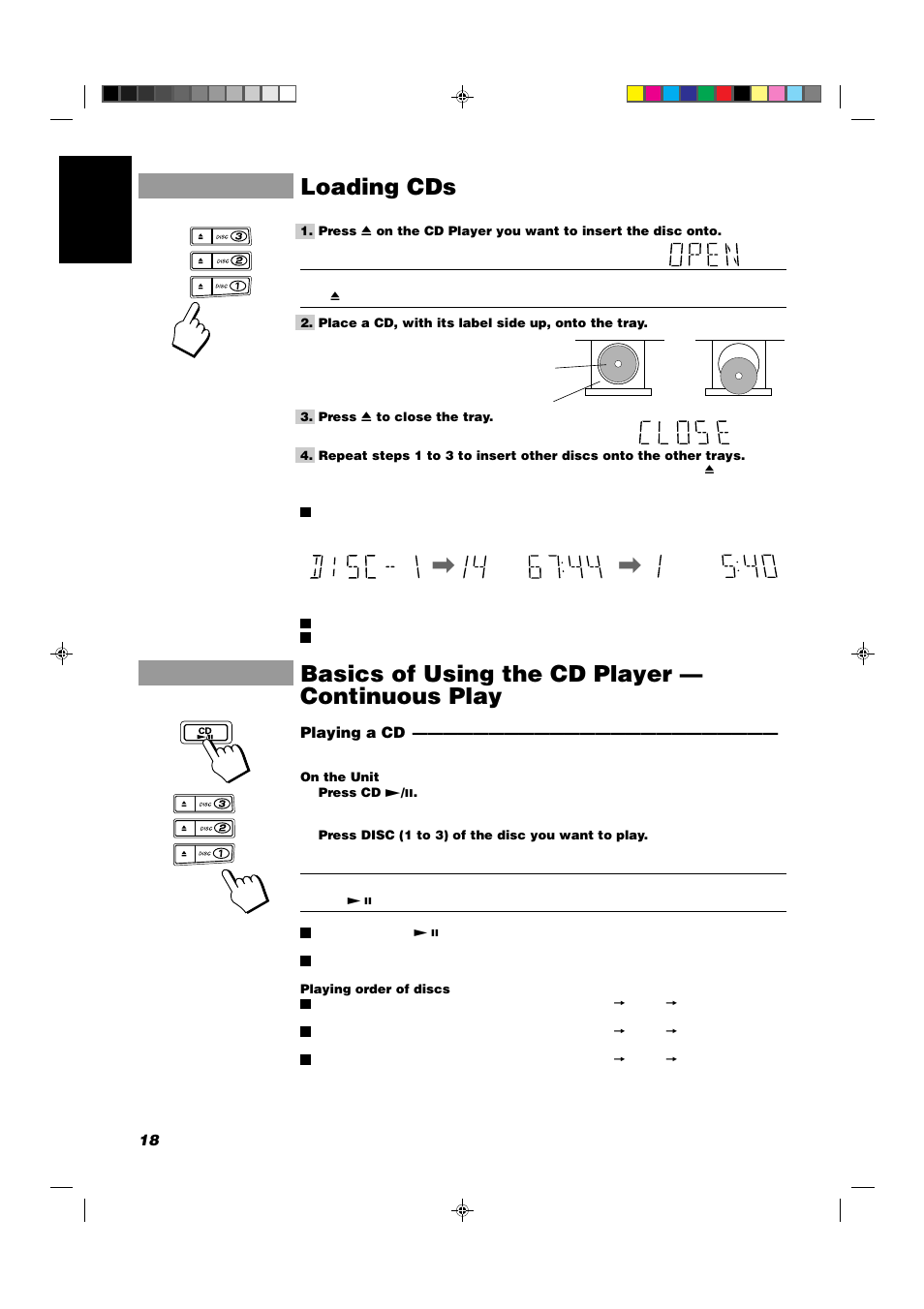 Loading cds, Basics of using the cd player — continuous play | JVC CA-D432TR User Manual | Page 22 / 43