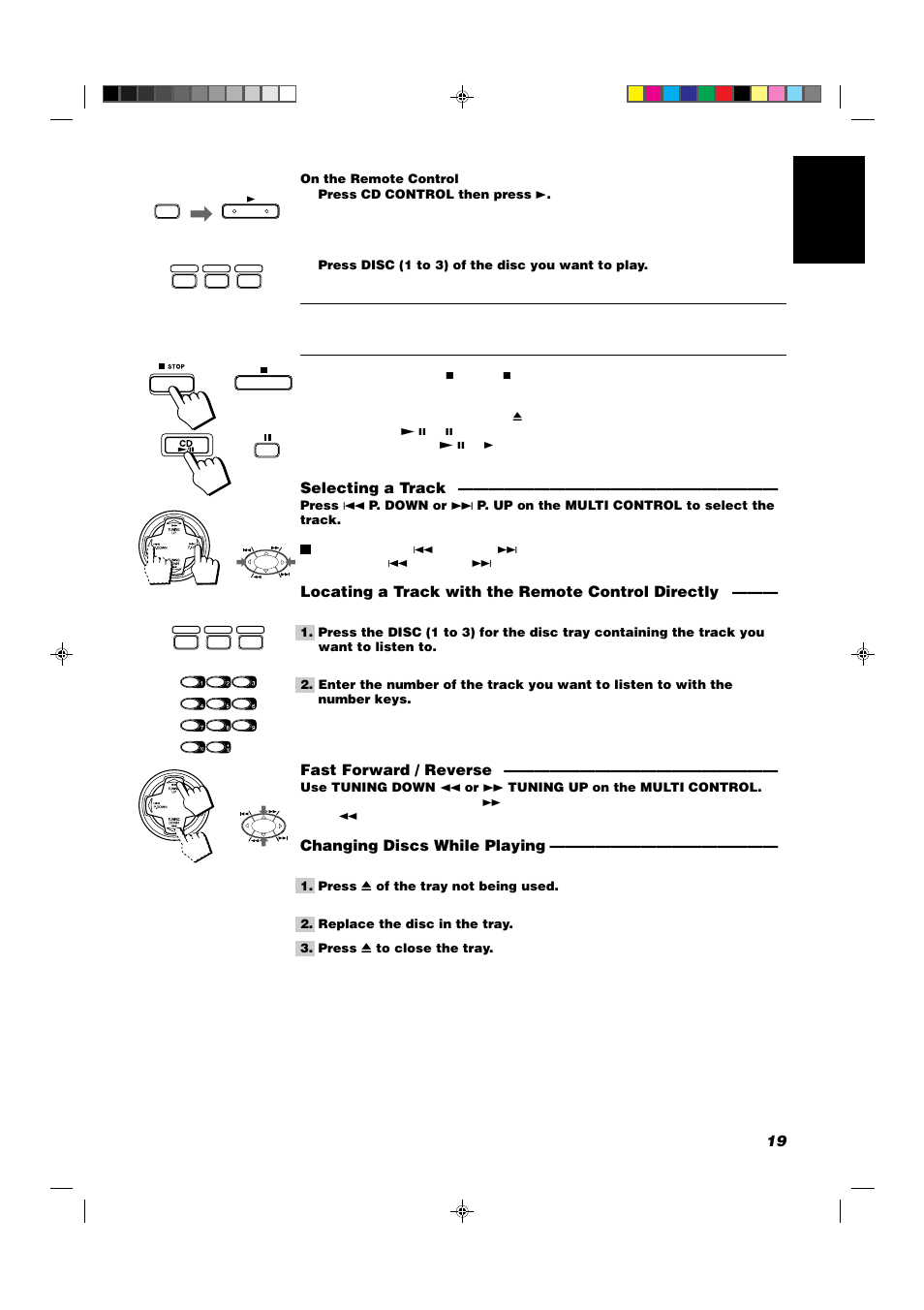 19 english, Selecting a track, Locating a track with the remote control directly | Fast forward / reverse, Changing discs while playing | JVC CA-D432TR User Manual | Page 23 / 43