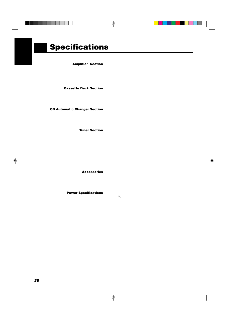 Specifications, 38 english | JVC CA-D432TR User Manual | Page 42 / 43