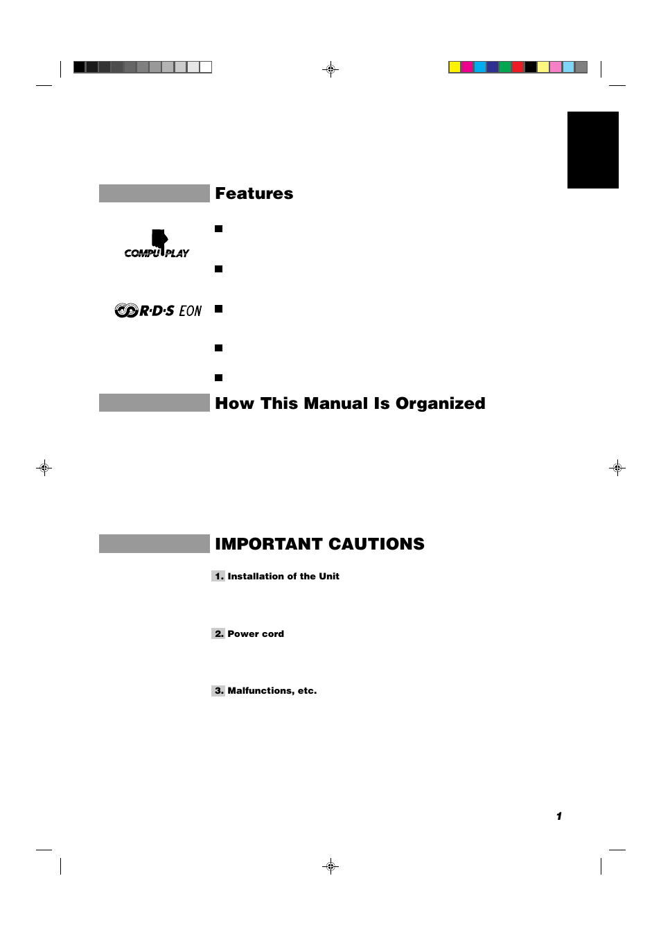 Features, How this manual is organized, Important cautions | 1english | JVC CA-D432TR User Manual | Page 5 / 43