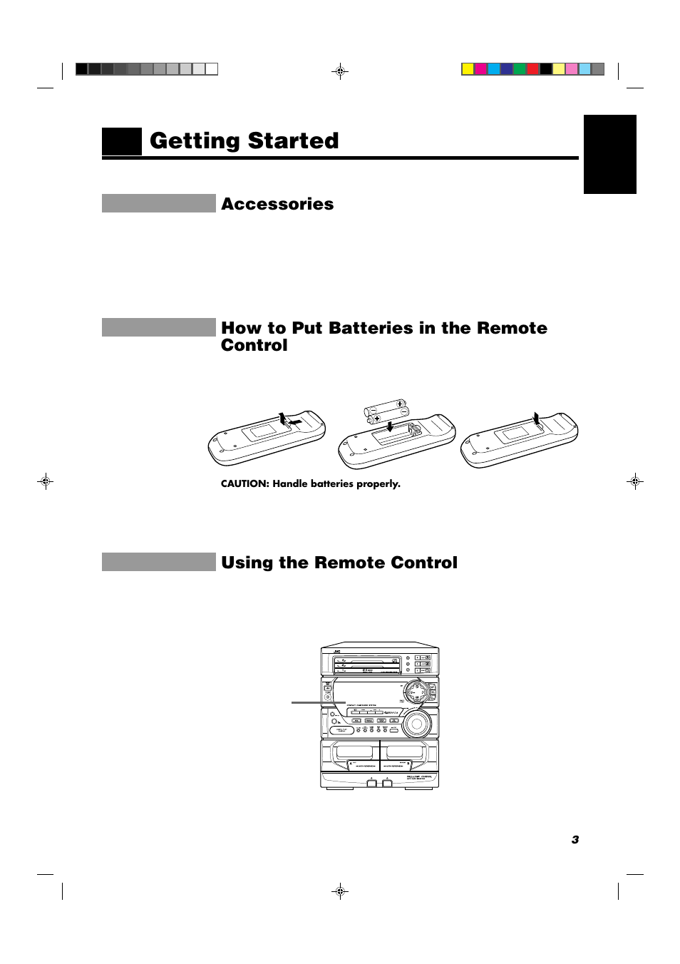 Getting started, Accessories, How to put batteries in the remote control | Using the remote control | JVC CA-D432TR User Manual | Page 7 / 43