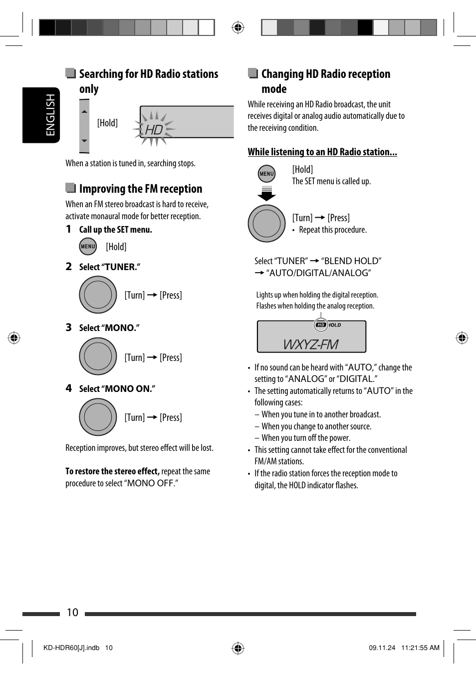 Changing hd radio reception mode, Searching for hd radio stations only, Improving the fm reception | JVC LVT2095-001A User Manual | Page 10 / 136