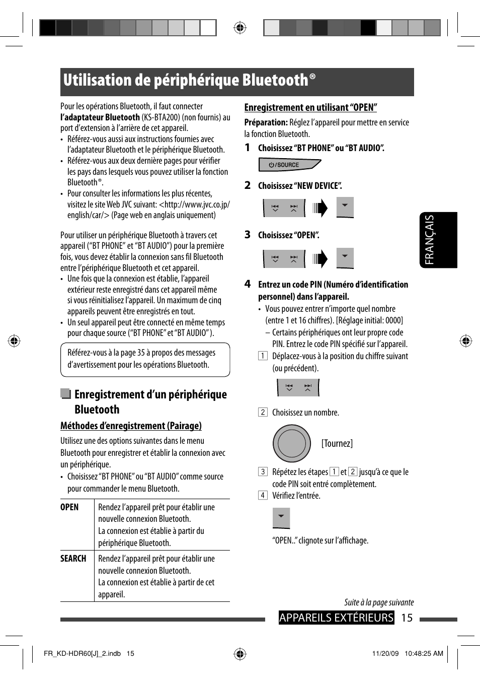 Utilisation de peripherique bluetooth, Utilisation de périphérique bluetooth, Enregistrement d’un périphérique bluetooth | JVC LVT2095-001A User Manual | Page 103 / 136