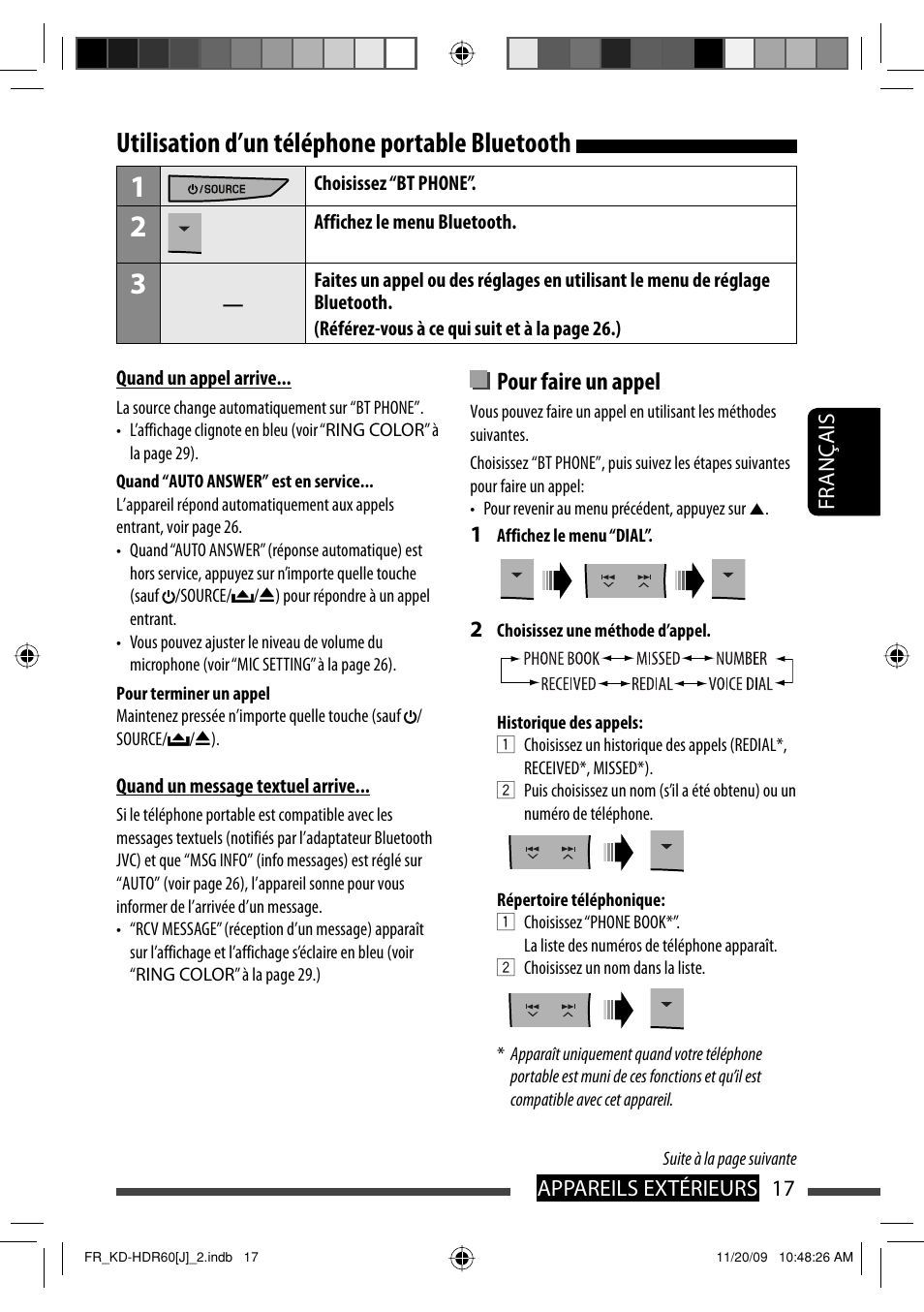 Utilisation d’un telephone portable bluetooth, Utilisation d’un téléphone portable bluetooth, Pour faire un appel | JVC LVT2095-001A User Manual | Page 105 / 136