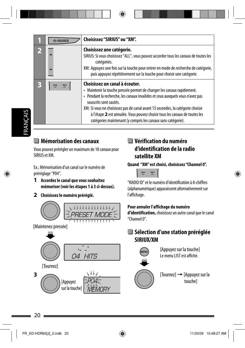 Mémorisation des canaux, Sélection d’une station préréglée siriux/xm | JVC LVT2095-001A User Manual | Page 108 / 136