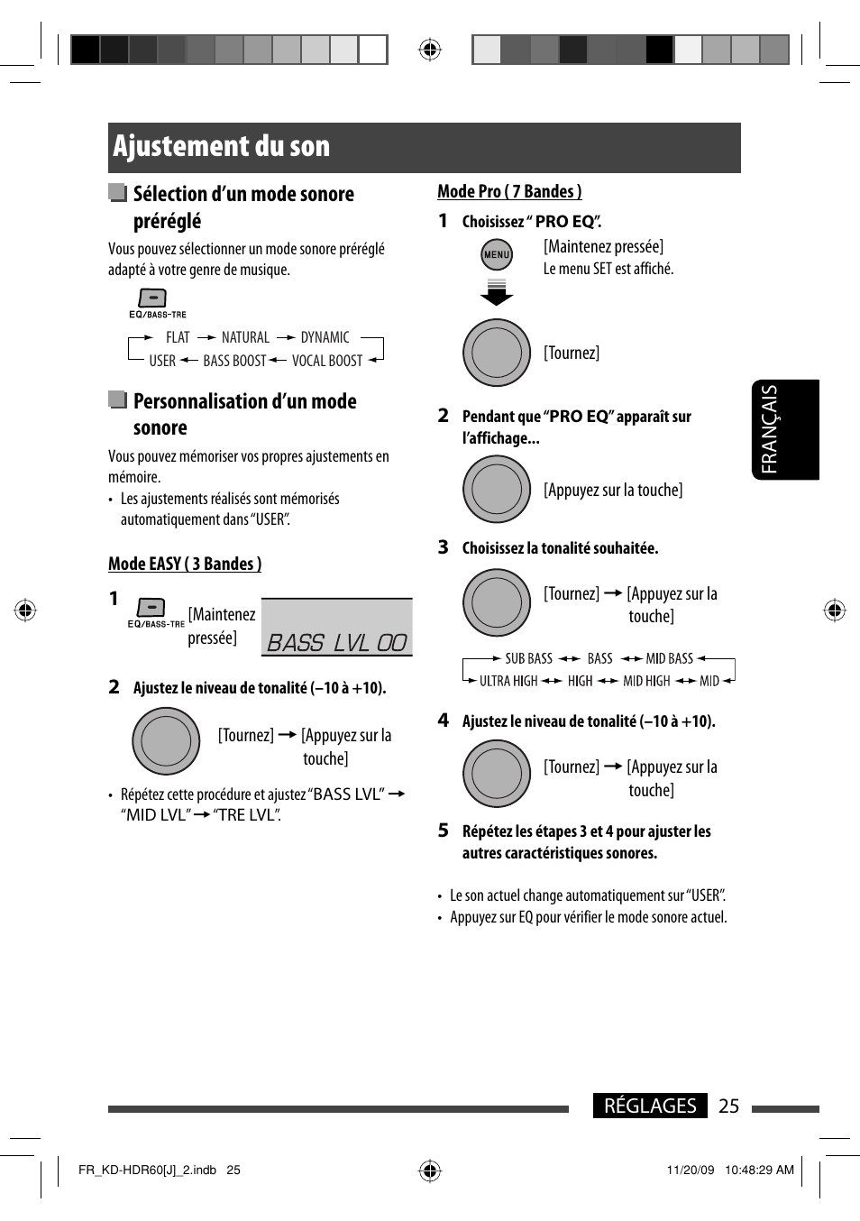 Ajustement du son, Sélection d’un mode sonore préréglé, Personnalisation d’un mode sonore | JVC LVT2095-001A User Manual | Page 113 / 136