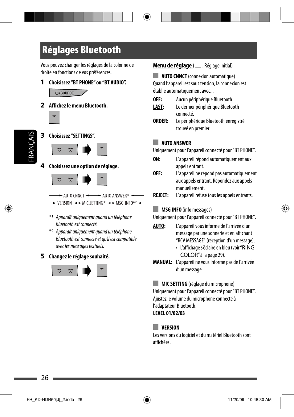 Reglages bluetooth, Réglages bluetooth, 26 français | JVC LVT2095-001A User Manual | Page 114 / 136