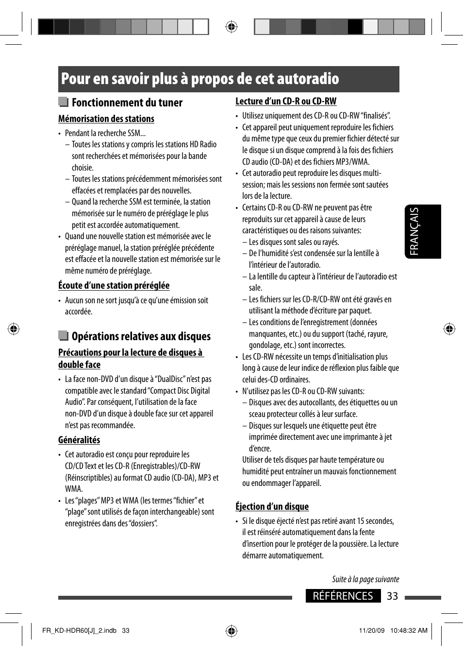 Pour en savoir plus a propos de cet autoradio, Pour en savoir plus à propos de cet autoradio, Fonctionnement du tuner | Opérations relatives aux disques, 33 références français | JVC LVT2095-001A User Manual | Page 121 / 136