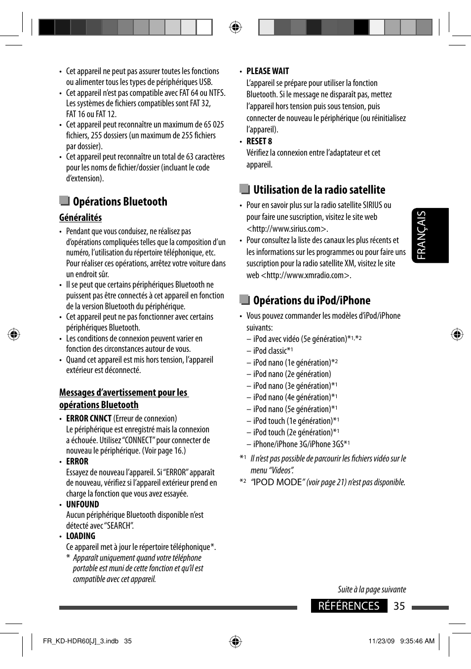 Utilisation de la radio satellite, Opérations du ipod/iphone, Opérations bluetooth | 35 références français | JVC LVT2095-001A User Manual | Page 123 / 136