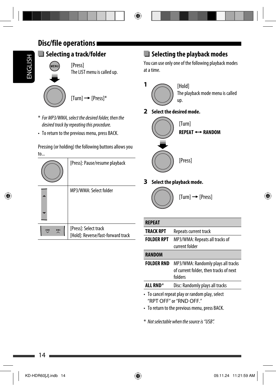 Disc/file operations, Selecting a track/folder, Selecting the playback modes | JVC LVT2095-001A User Manual | Page 14 / 136
