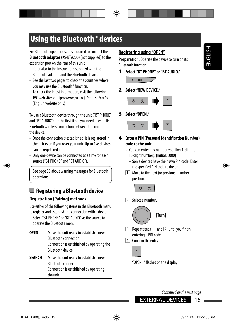 Using the bluetooth devices, Using the bluetooth ® devices, Registering a bluetooth device | JVC LVT2095-001A User Manual | Page 15 / 136