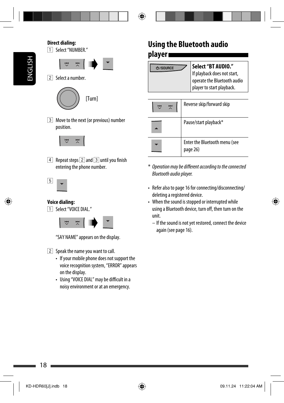 Using the bluetooth audio player, English 18 | JVC LVT2095-001A User Manual | Page 18 / 136