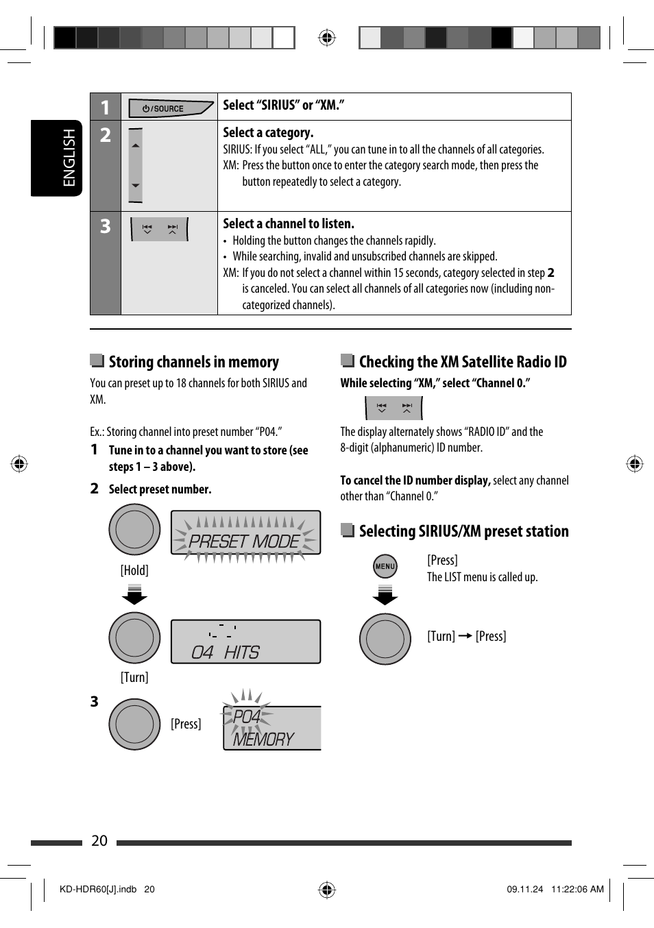 Checking the xm satellite radio id, Selecting sirius/xm preset station | JVC LVT2095-001A User Manual | Page 20 / 136