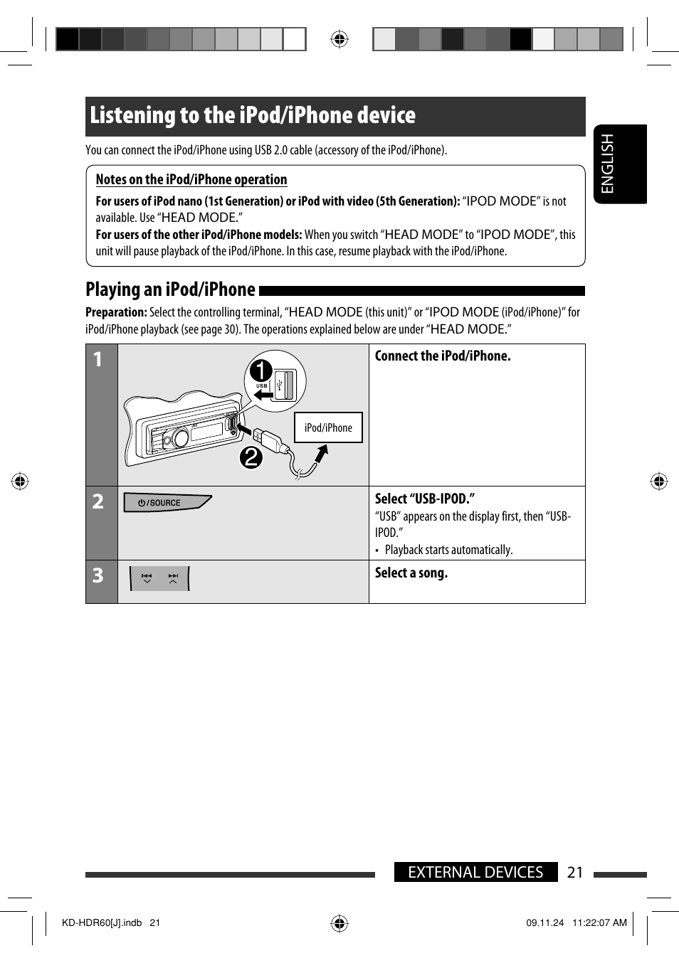 Listening to the ipod/iphone device, Playing an ipod/iphone | JVC LVT2095-001A User Manual | Page 21 / 136