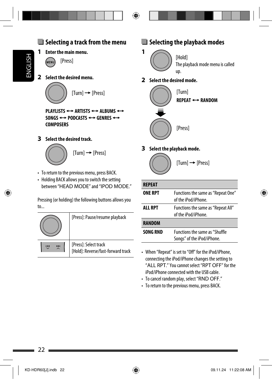 Selecting the playback modes, Selecting a track from the menu | JVC LVT2095-001A User Manual | Page 22 / 136