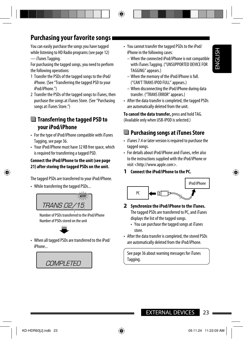 Purchasing your favorite songs, Transferring the tagged psd to your ipod/iphone, Purchasing songs at itunes store | English external devices 23 | JVC LVT2095-001A User Manual | Page 23 / 136