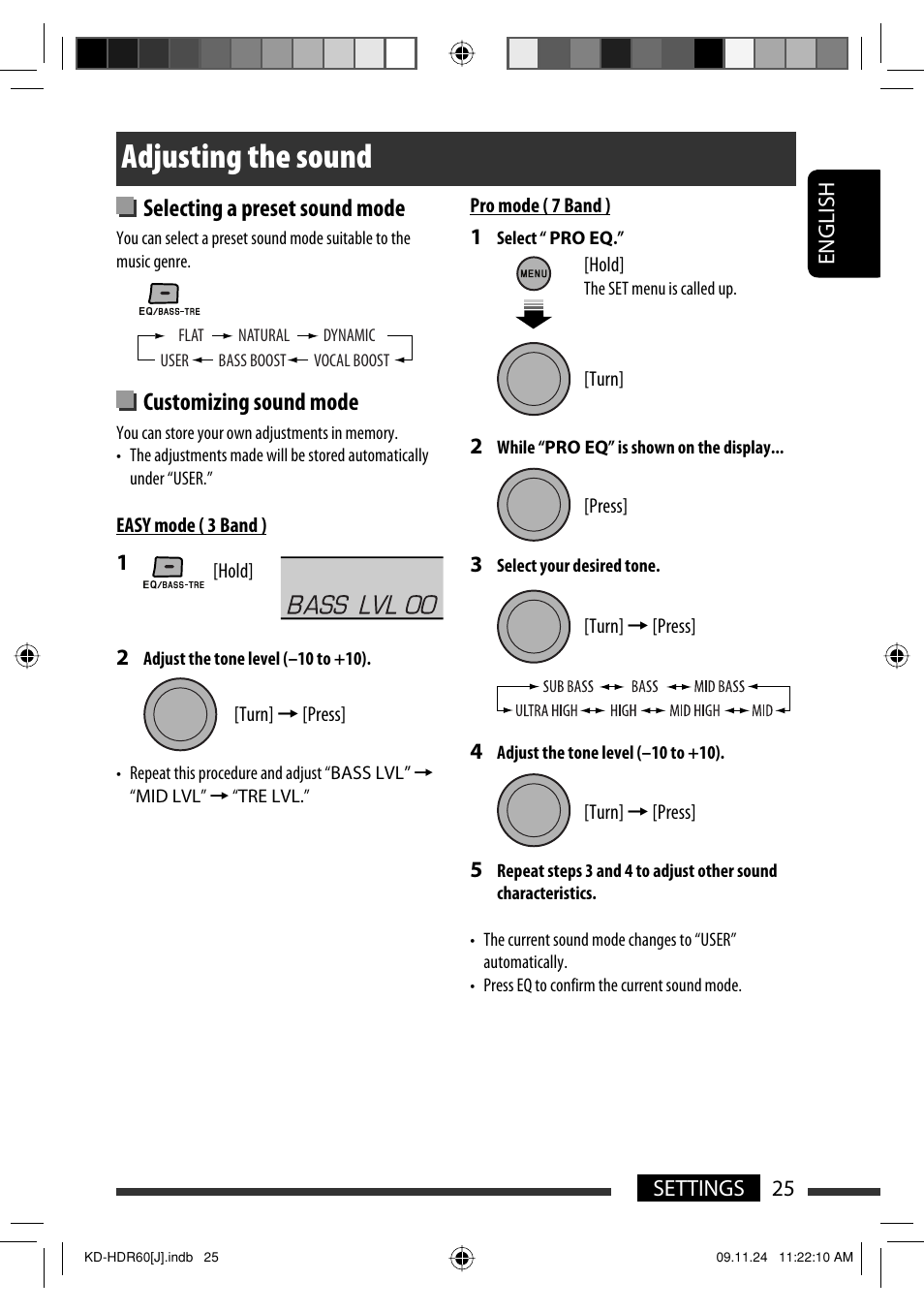 Adjusting the sound, Selecting a preset sound mode, Customizing sound mode | JVC LVT2095-001A User Manual | Page 25 / 136