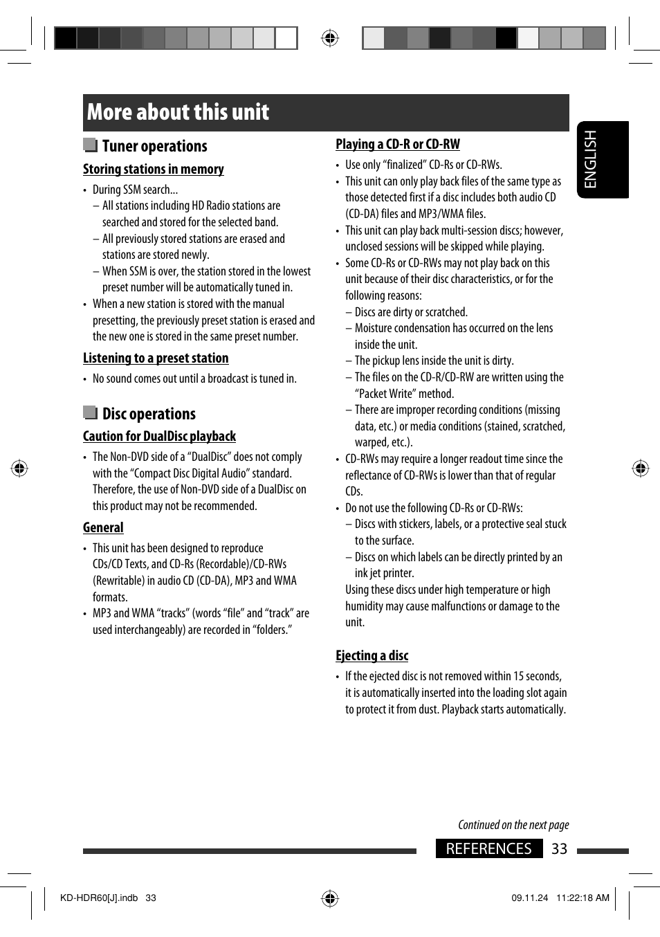 More about this unit, Tuner operations, Disc operations | English 33 references | JVC LVT2095-001A User Manual | Page 33 / 136