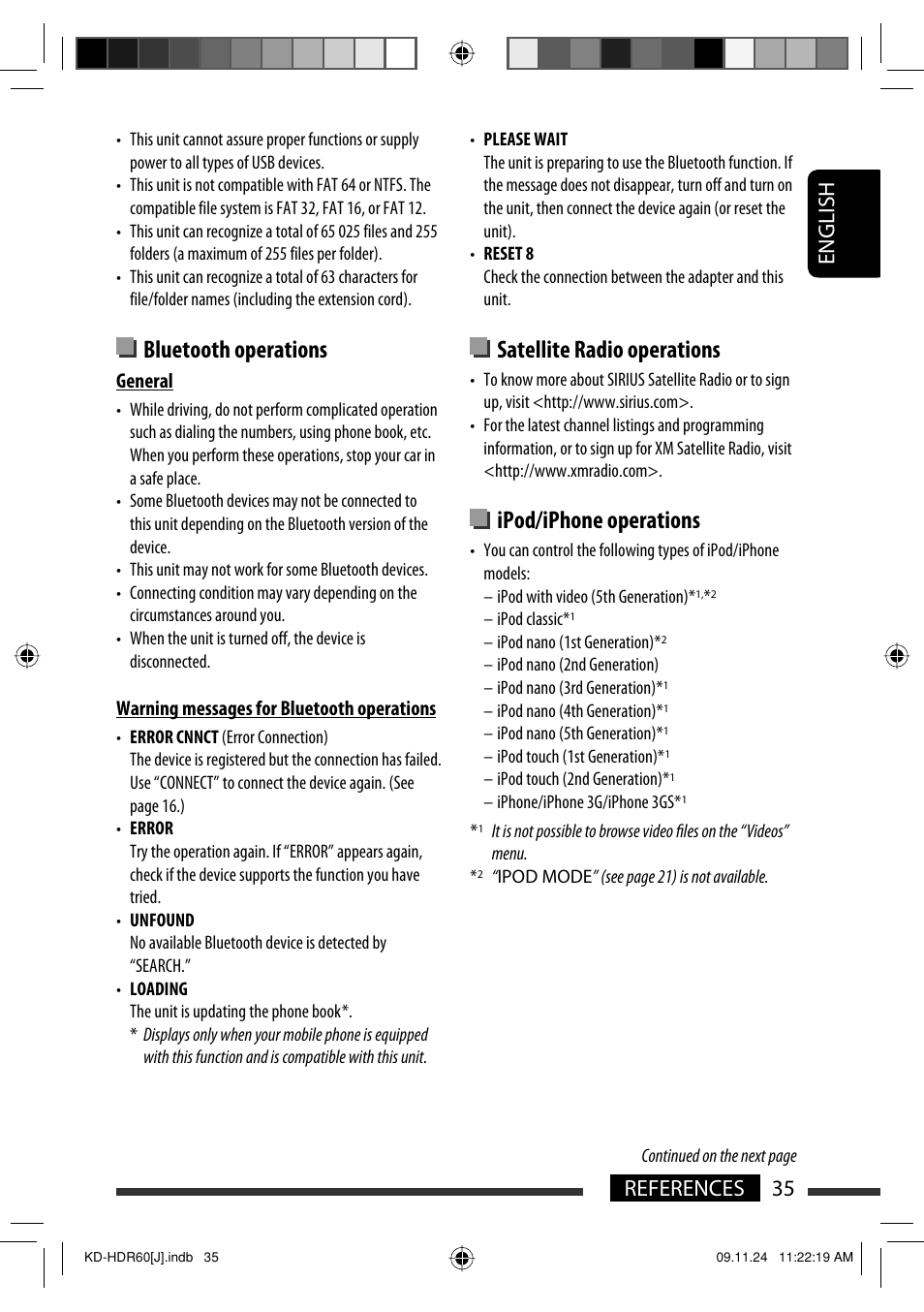 Satellite radio operations, Ipod/iphone operations, Bluetooth operations | English 35 references | JVC LVT2095-001A User Manual | Page 35 / 136