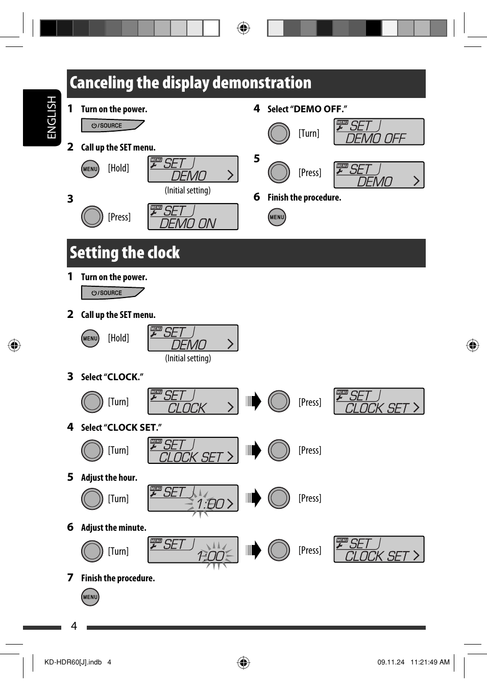 Canceling the display demonstration, Setting the clock | JVC LVT2095-001A User Manual | Page 4 / 136