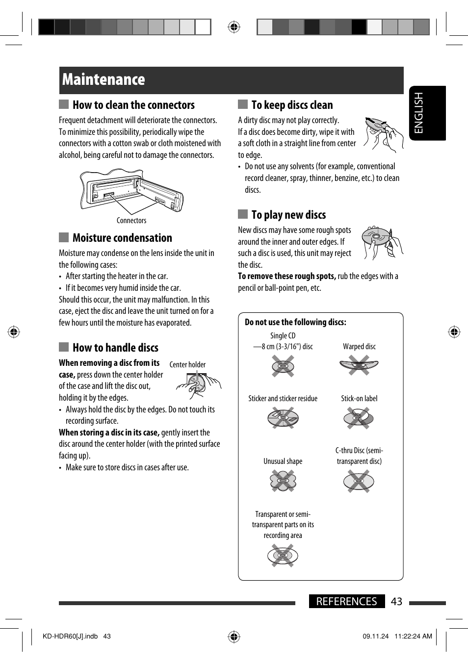 Maintenance, How to clean the connectors, Moisture condensation | How to handle discs, English 43 references | JVC LVT2095-001A User Manual | Page 43 / 136