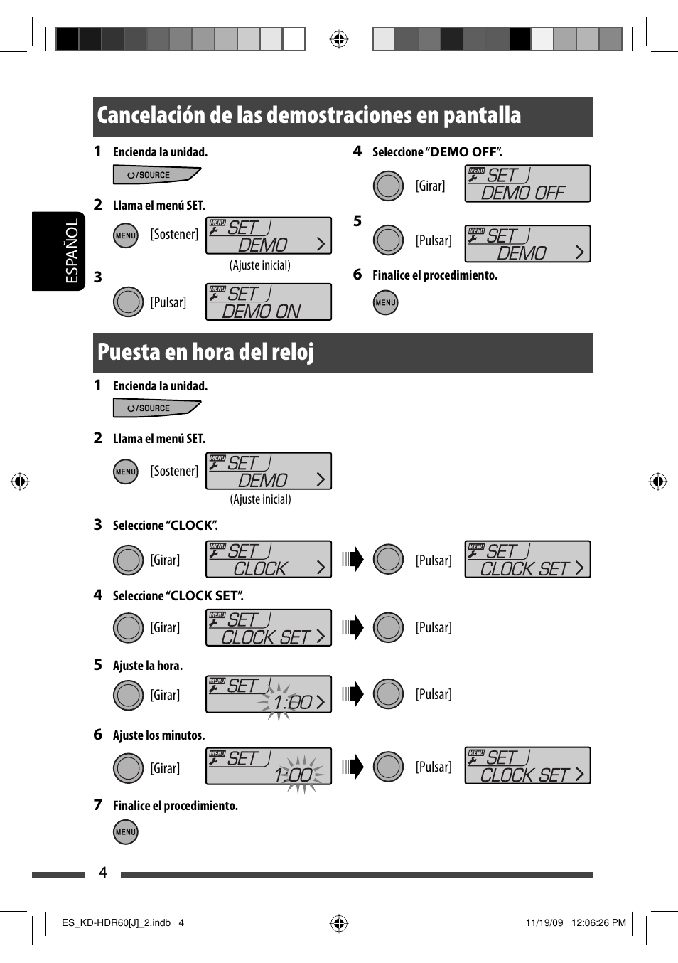 Cancelacion de las demostraciones en pantalla, Puesta en hora del reloj, Cancelación de las demostraciones en pantalla | JVC LVT2095-001A User Manual | Page 48 / 136