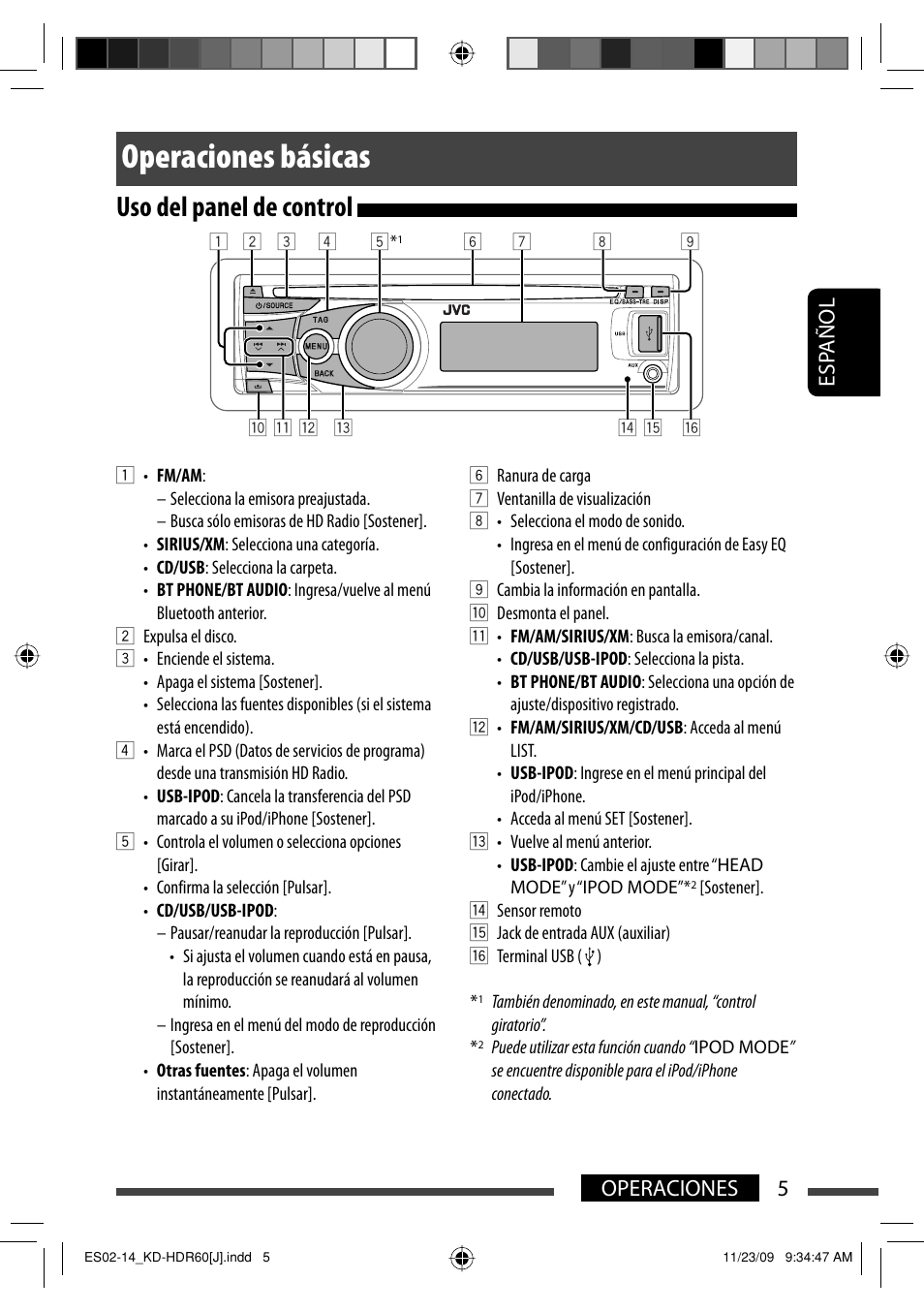 Operaciones basicas, Uso del panel de control, Operaciones básicas | Esp añol 5 operaciones | JVC LVT2095-001A User Manual | Page 49 / 136