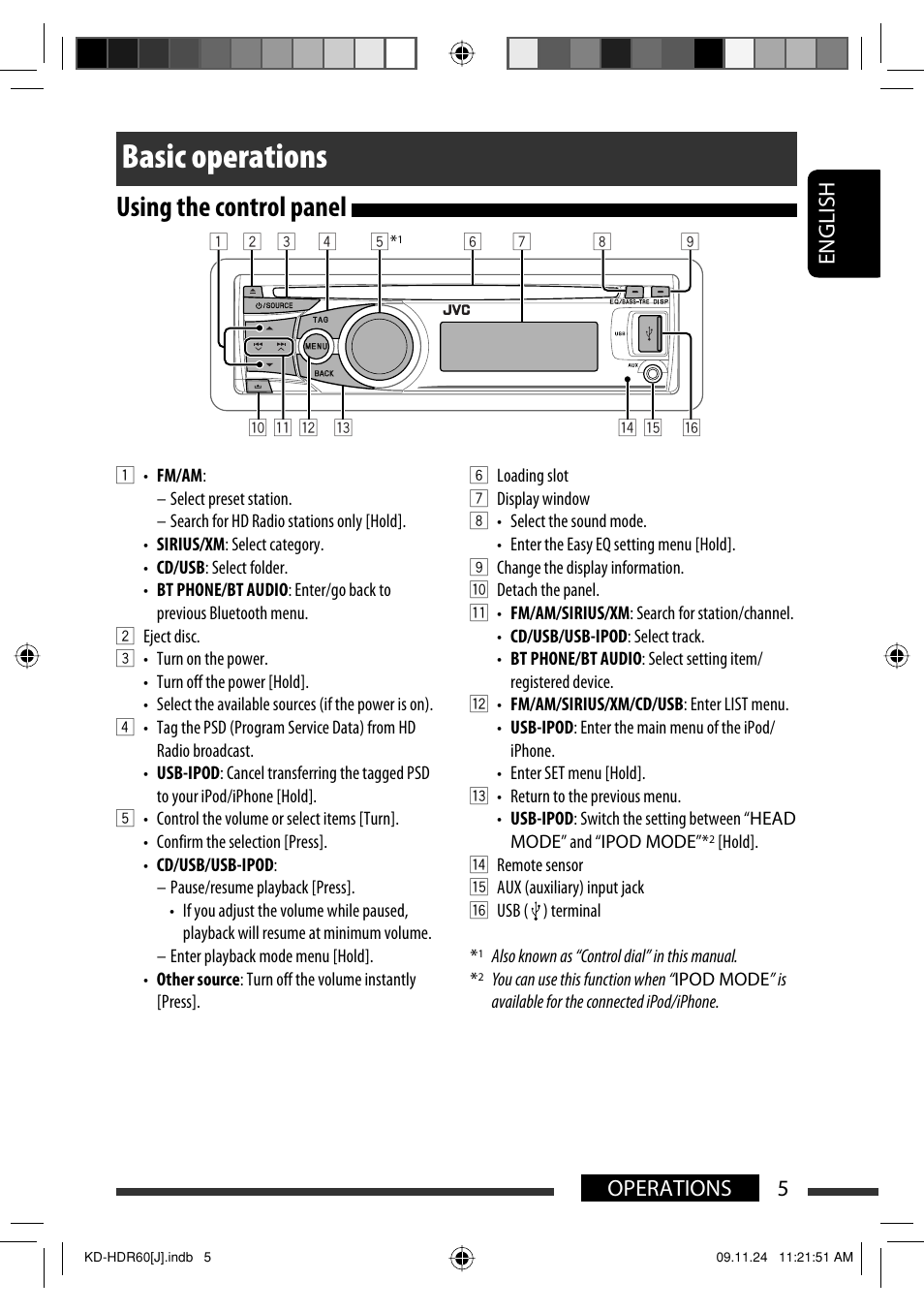 Basic operations, Using the control panel, English 5 operations | JVC LVT2095-001A User Manual | Page 5 / 136