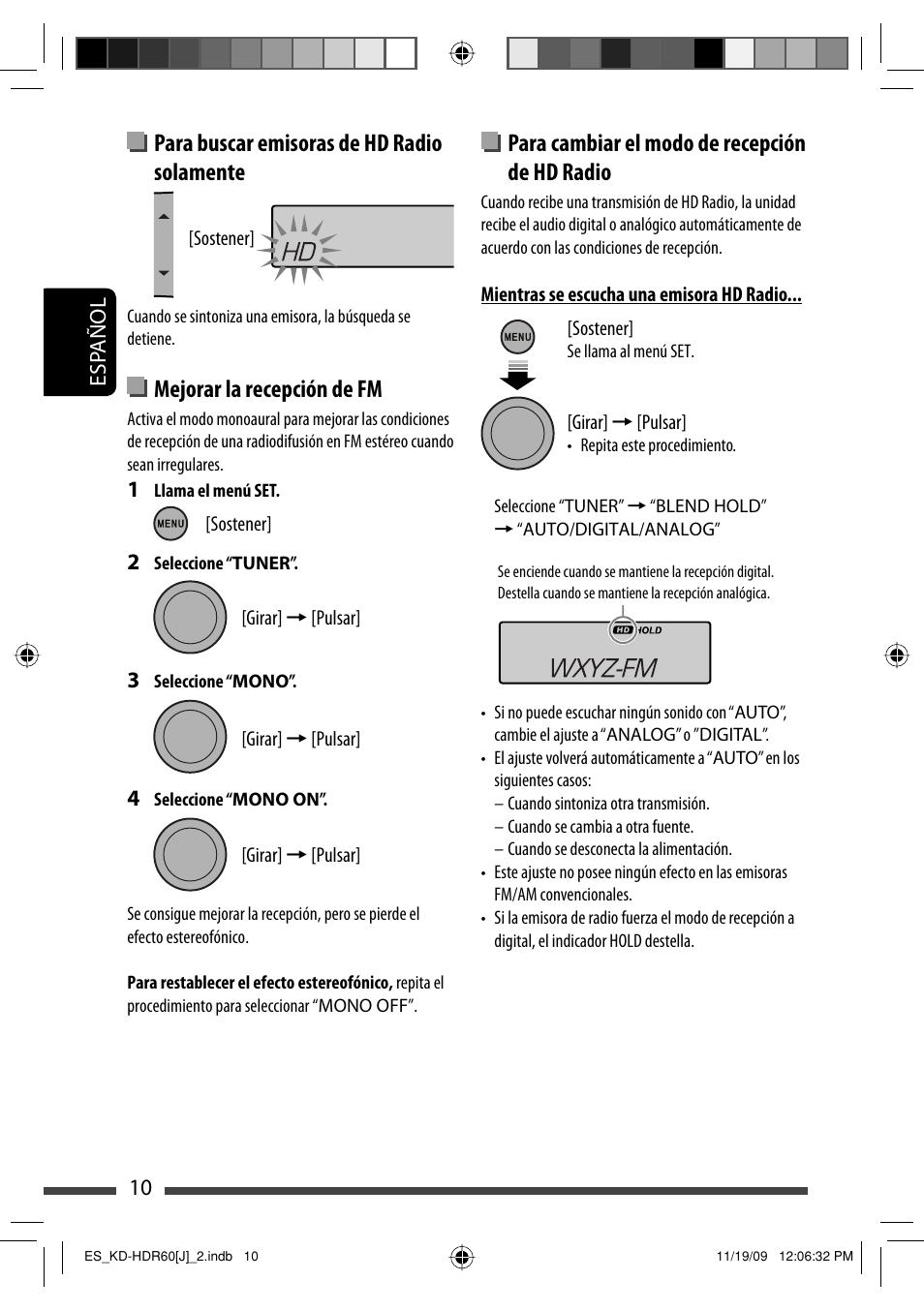 Para cambiar el modo de recepción de hd radio, Para buscar emisoras de hd radio solamente, Mejorar la recepción de fm | JVC LVT2095-001A User Manual | Page 54 / 136