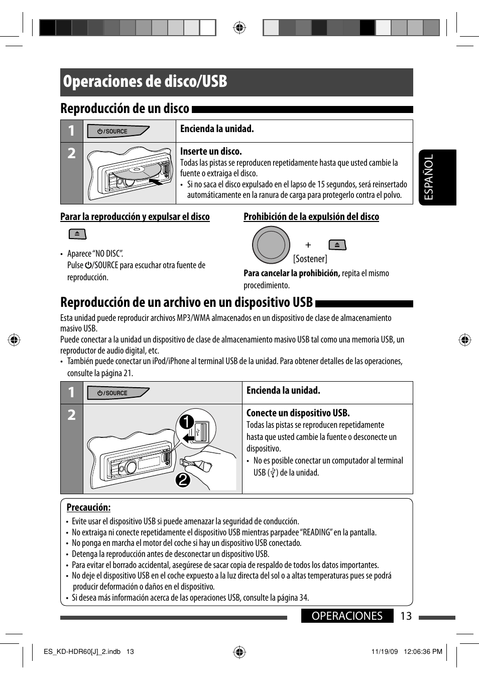 Operaciones de disco/usb, Reproduccion de un disco, Reproduccion de un archivo en un dispositivo usb | Reproducción de un archivo en un dispositivo usb, Reproducción de un disco | JVC LVT2095-001A User Manual | Page 57 / 136