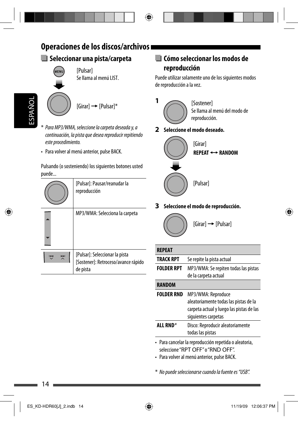 Operaciones de los discos/archivos, Seleccionar una pista/carpeta, Cómo seleccionar los modos de reproducción | JVC LVT2095-001A User Manual | Page 58 / 136