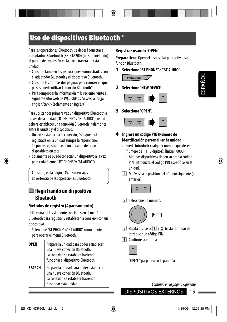 Uso de dispositivos bluetooth, Registrando un dispositivo bluetooth | JVC LVT2095-001A User Manual | Page 59 / 136