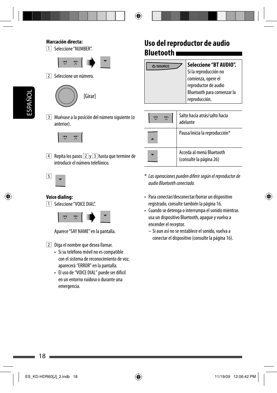 Uso del reproductor de audio bluetooth, Esp añol 18 | JVC LVT2095-001A User Manual | Page 62 / 136