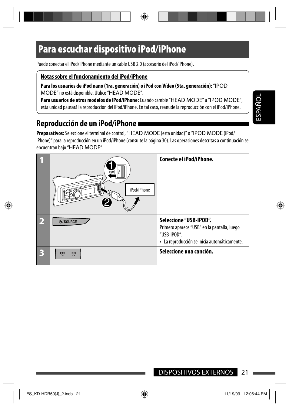 Para escuchar dispositivo ipod/iphone, Reproduccion de un ipod/iphone, Reproducción de un ipod/iphone | JVC LVT2095-001A User Manual | Page 65 / 136