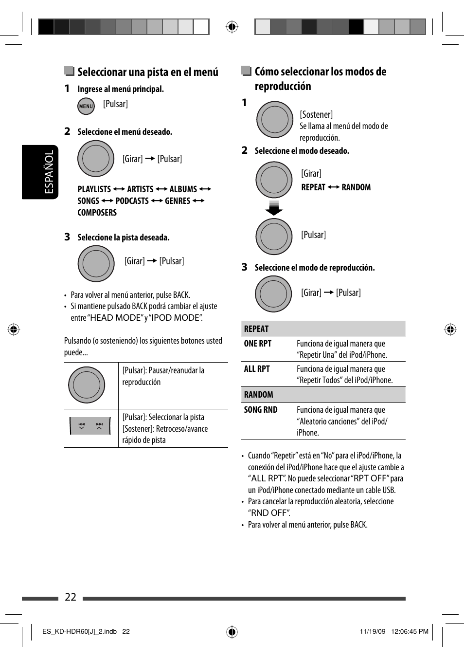 Cómo seleccionar los modos de reproducción, Seleccionar una pista en el menú | JVC LVT2095-001A User Manual | Page 66 / 136