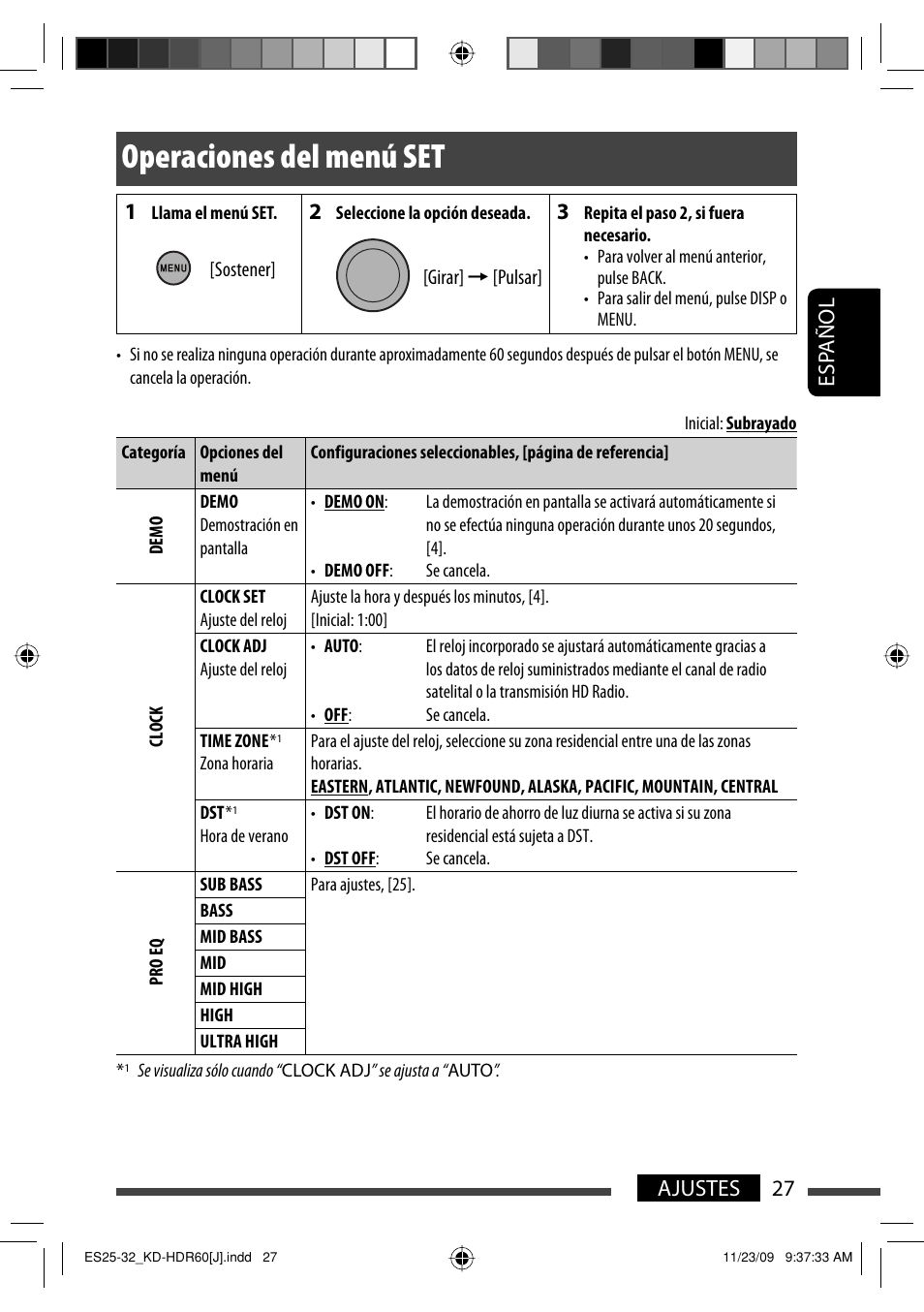 Operaciones del menu set, Operaciones del menú set, Esp añol 27 ajustes | JVC LVT2095-001A User Manual | Page 71 / 136