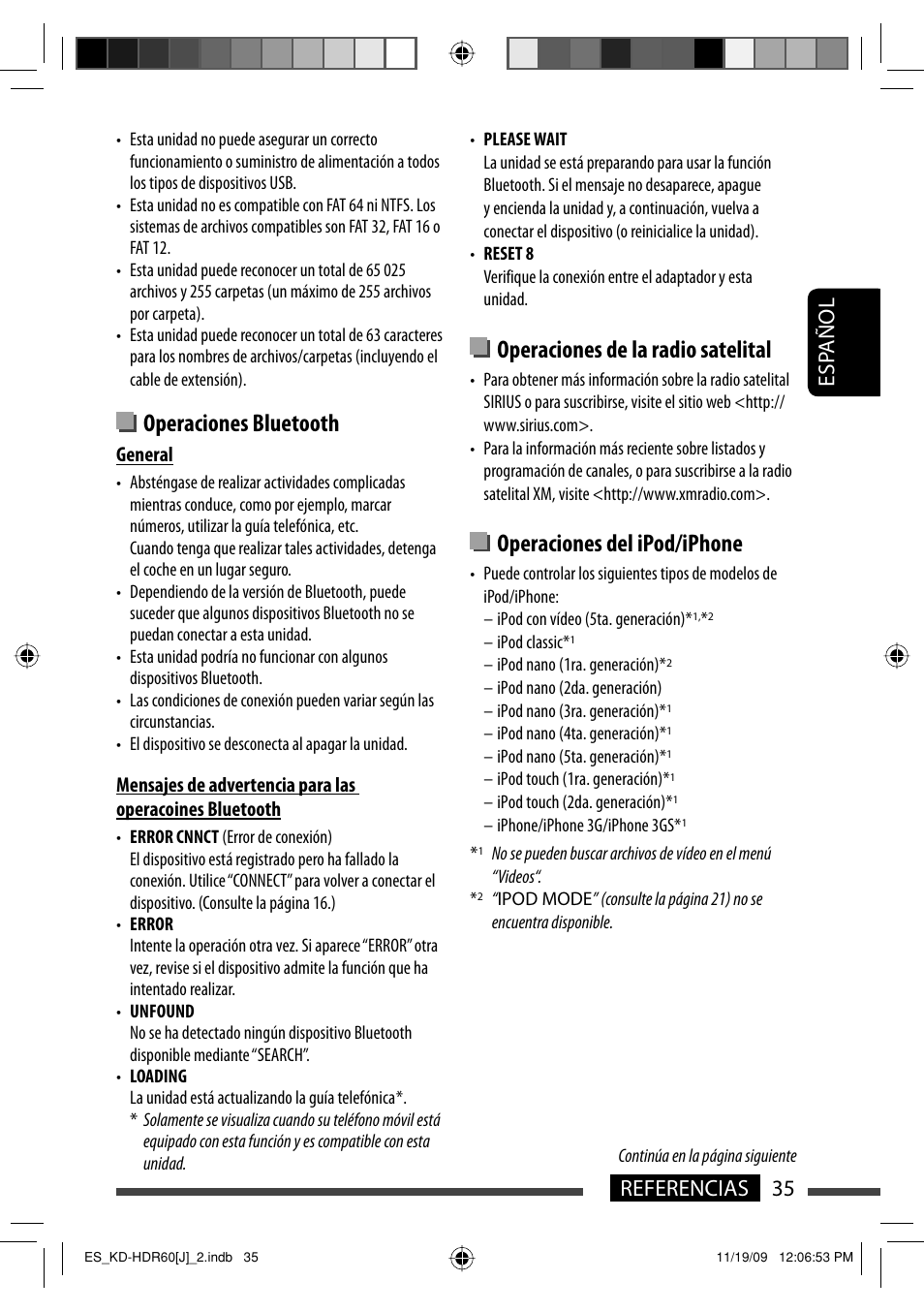 Operaciones de la radio satelital, Operaciones del ipod/iphone, Operaciones bluetooth | Esp añol 35 referencias | JVC LVT2095-001A User Manual | Page 79 / 136