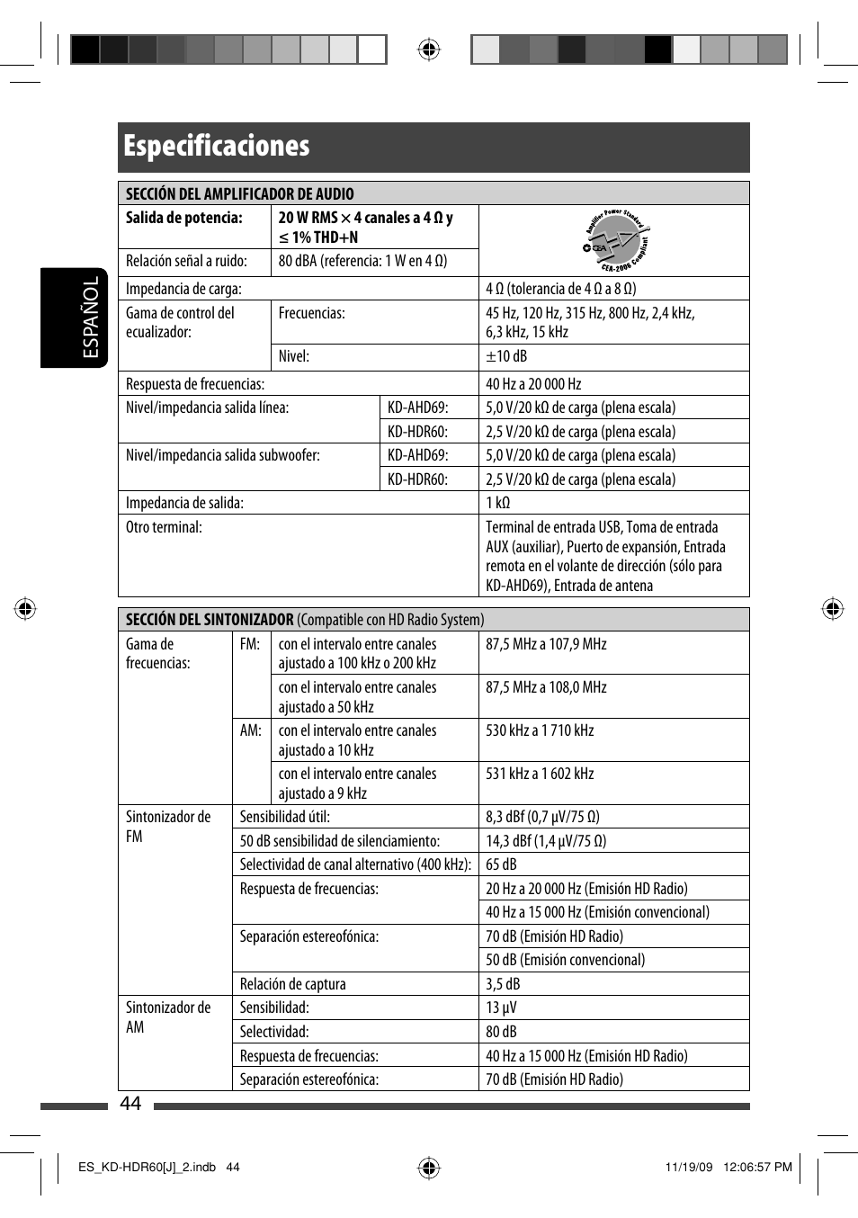 Especificaciones, Esp añol 44 | JVC LVT2095-001A User Manual | Page 88 / 136