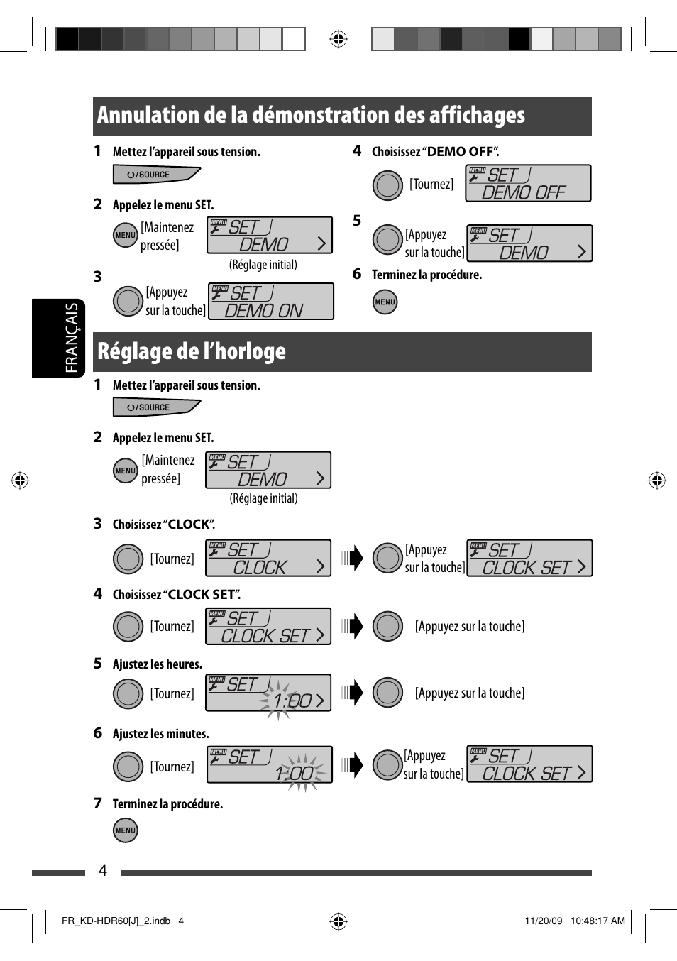 Annulation de la demonstration des affichages, Reglage de l’horloge, Annulation de la démonstration des affichages | Réglage de l’horloge | JVC LVT2095-001A User Manual | Page 92 / 136