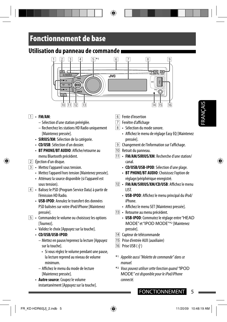 Fonctionnement de base, Utilisation du panneau de commande, 5fonctionnement français | JVC LVT2095-001A User Manual | Page 93 / 136