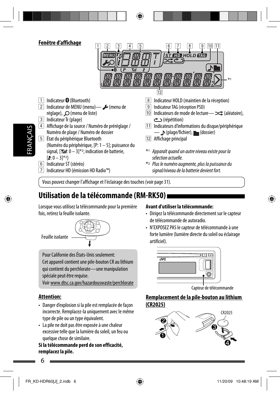 Utilisation de la telecommande (rm-rk50), Utilisation de la télécommande (rm-rk50), 6français | JVC LVT2095-001A User Manual | Page 94 / 136