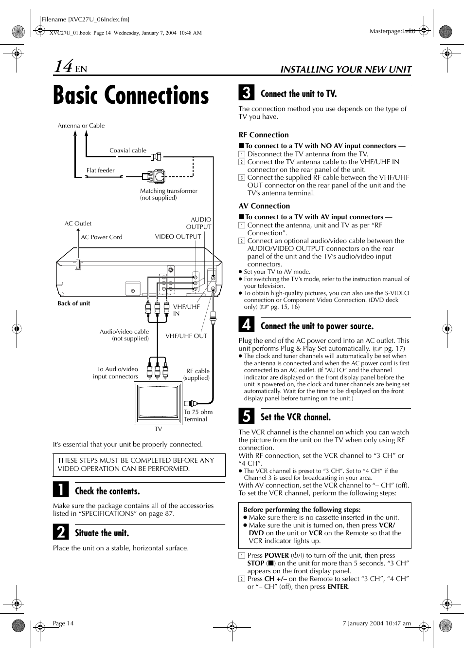 Installing your new unit, Basic connections, Pg. 14 | Nnector (vhf, These connectors are only | JVC HR-XVC34U User Manual | Page 14 / 92