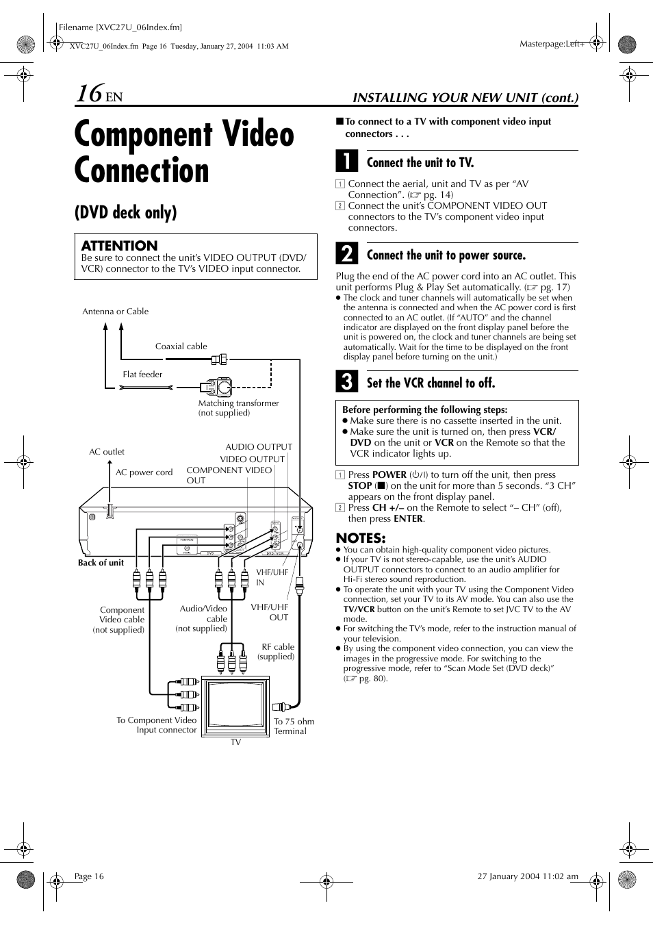 Component video connection (dvd deck only), Component video connection, Dvd deck only) | Pg. 16 | JVC HR-XVC34U User Manual | Page 16 / 92