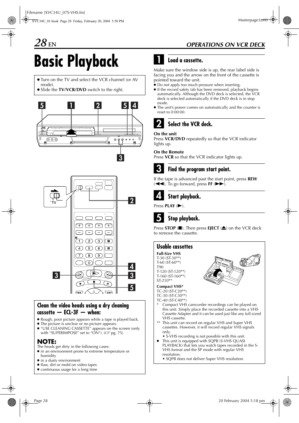 Operations on vcr deck, Basic playback, Pg. 28 | Pg. 28, 33, Pg. 28, 4, Pg. 28, 29, Pg. 28, 2, Pg. 28, 3 | JVC HR-XVC34U User Manual | Page 28 / 92