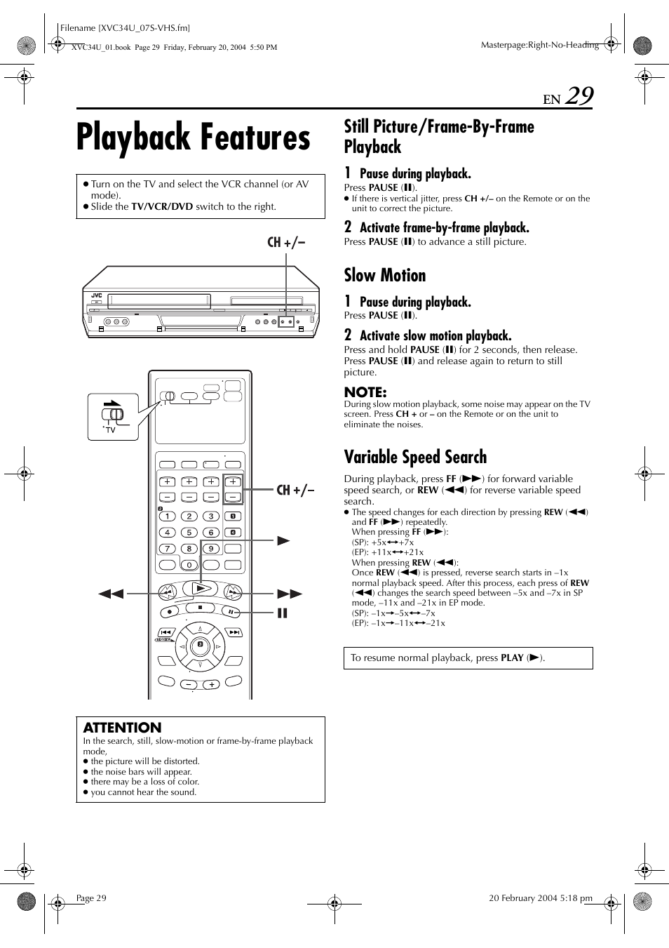 Playback features, Still picture/frame-by-frame playback, Slow motion | High-speed (turbo) search, Variable speed search | JVC HR-XVC34U User Manual | Page 29 / 92