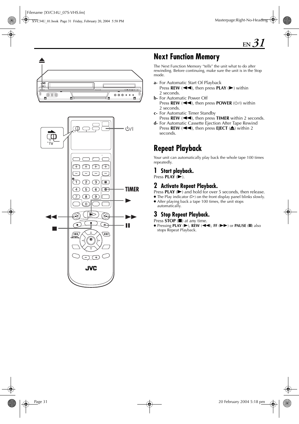 Next function memory, Repeat playback | JVC HR-XVC34U User Manual | Page 31 / 92