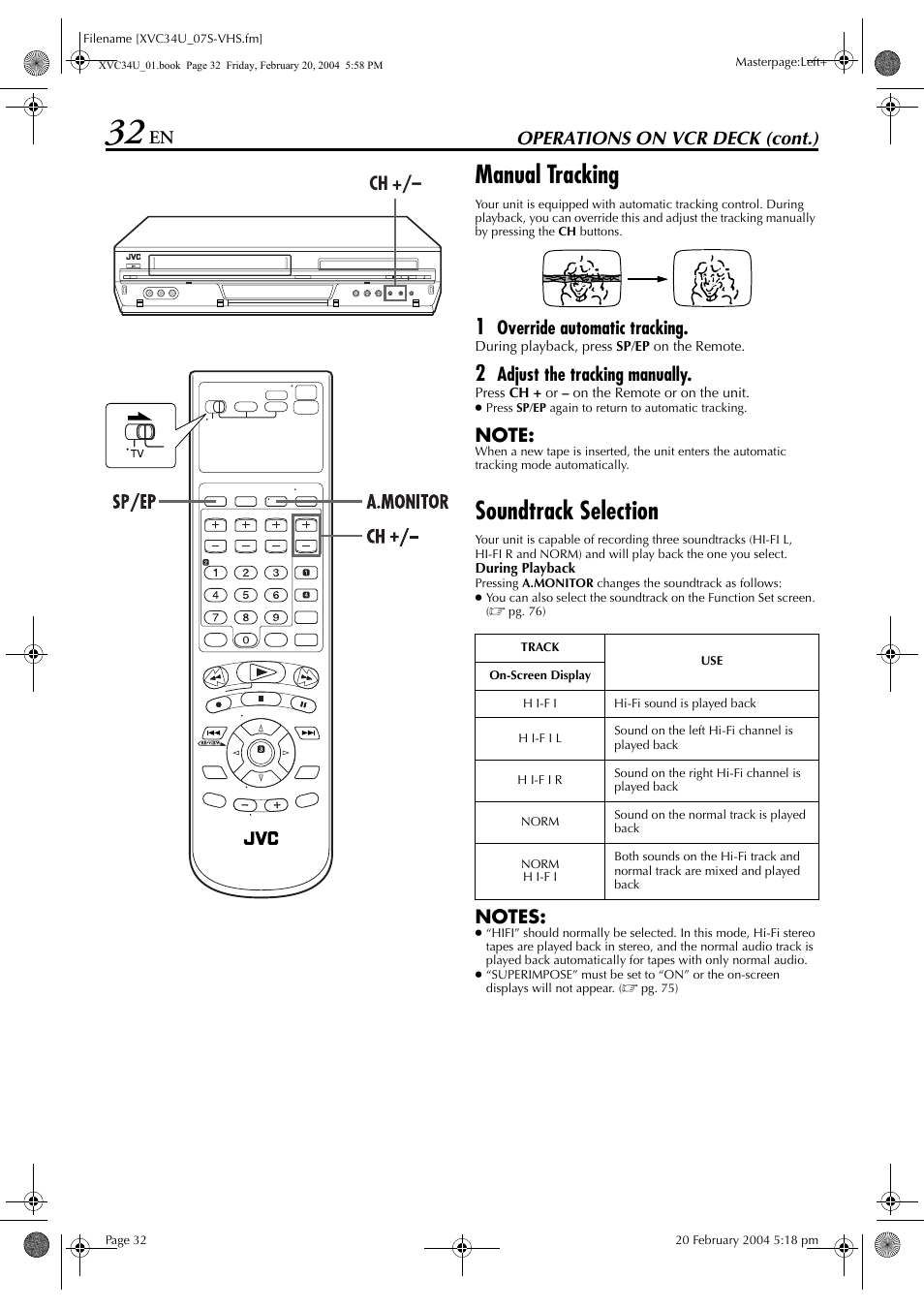 Manual tracking, Soundtrack selection, Pg. 32 | Operations on vcr deck (cont.), Override automatic tracking, Adjust the tracking manually | JVC HR-XVC34U User Manual | Page 32 / 92