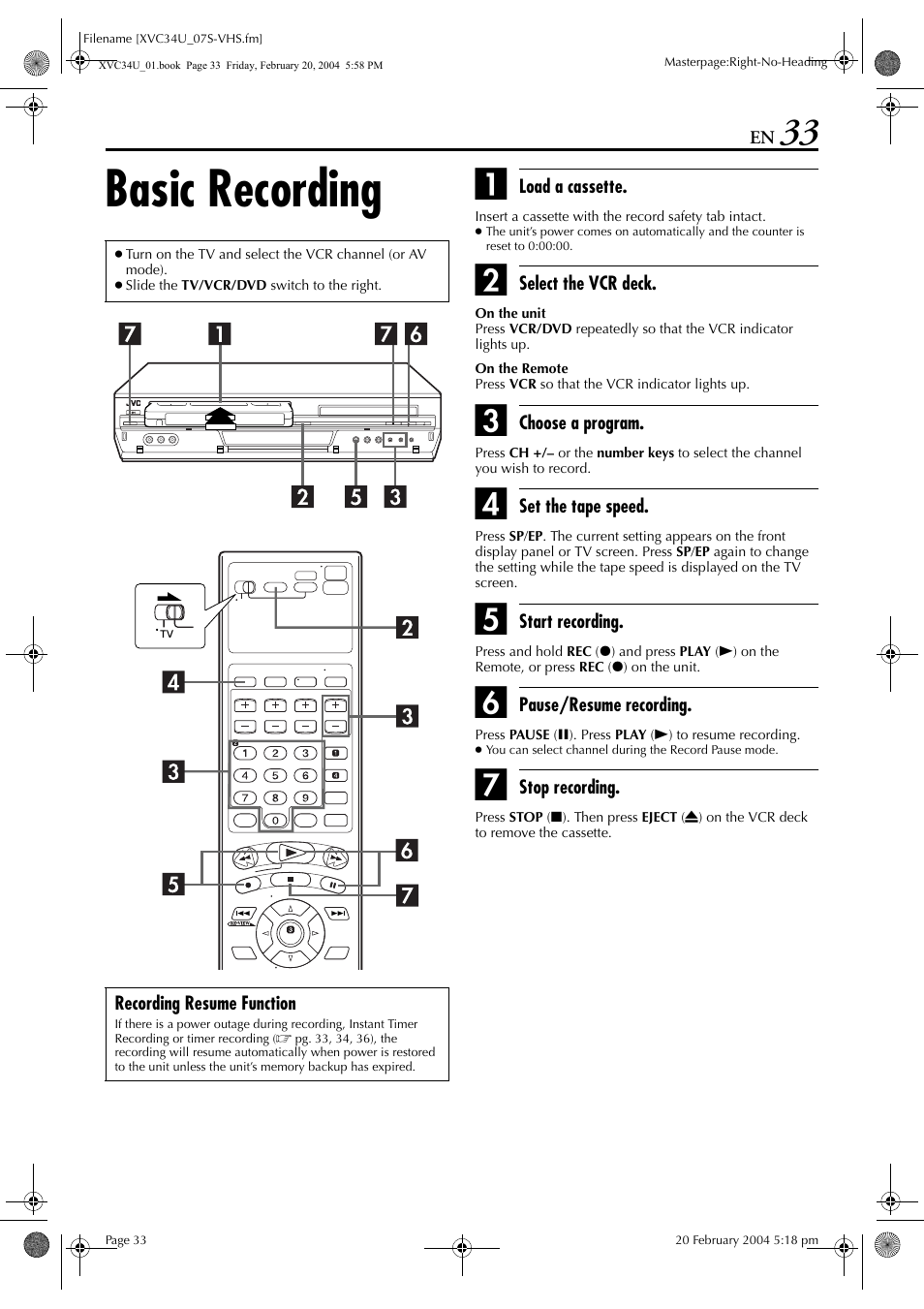 Basic recording, Pg. 33, Rog. ch | JVC HR-XVC34U User Manual | Page 33 / 92